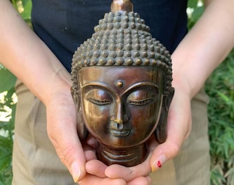 Shakyamuni Antique Buddha Head statue, Buddha bronze Face, Buddha Figurine sculpture, Exquisite Meditation Decor,Art Antiquity Sculpture 659
