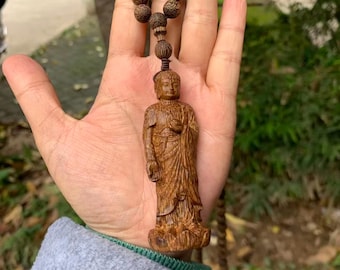 Natural Wooden Carved Amitabha Buddha Pendant Bead Necklace Spiritual Feng Shui Amulet