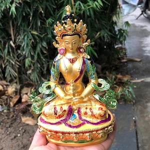 Brass Colorful Painting Amitayus Buddha Statue. Tibetan Nepal Tantra Buddha Statue. Buddhists Praying, Worshipping Idol Altar Shrine Statue