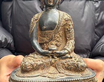 Vintage Tibetan Style copper Buddha Seated Meditation Statue Hand Carved Spiritual Home Decor Gift