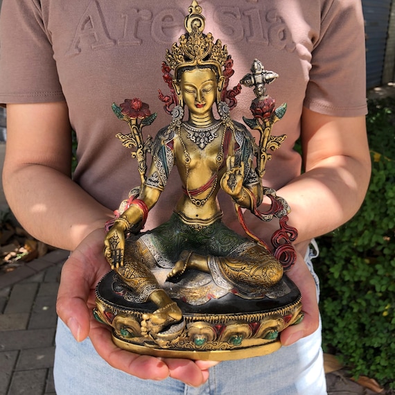 Buddhist Tibetan Statue Copper, Deity of compassion and wisdom Vintage Antique Tibetan Painted Green Tara Tantric Female Buddha Figurine vtg