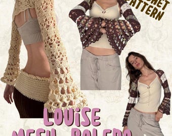 Bolero Louise in rete con maniche a campana, modello all'uncinetto