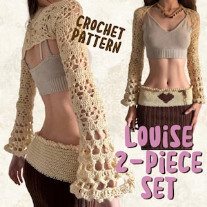 May include: A two-piece crochet set in cream. The set includes a long-sleeved bolero with bell sleeves and a high-waisted skirt. The text "CROCHET PATTERN" and "LOUISE 2-PIECE SET" are visible in the image.