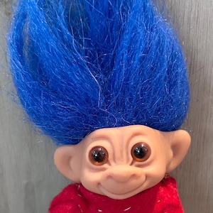 1980s Vintage Wishnik Troll Doll Double Horseshoe Uneeda Blue hair Troll Figure 3&quot;