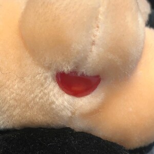 May include: Close-up of a plush toy's face, showing a red button nose.
