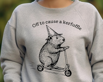 Off To Cause A Kerfuffle Sweatshirt: Funny Groundhog Scooter Pullover, Sarcastic Animal Meme Sweatshirt, Cozy Weirdcore Top