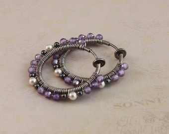 Clip hoop earrings, wire wrapped Lavender and pearl earrings, clip on earrings by EarthsOpulence