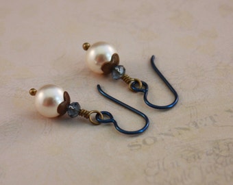 Niobium earrings, Navy Niobium Creamrose pearls Denim blue Vintaj brass Flower bead caps by EarthsOpulence