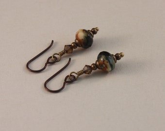 Brown Niobium earrings Antique Brass Czech glass Dark Tanzanite Opaque Beige hypo allergenic