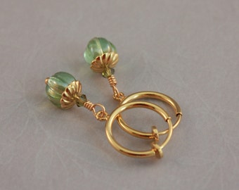 Clip on hoop earrings, Czech glass melon beads Chrysolite Celsian, clip earrings by EarthsOpulence