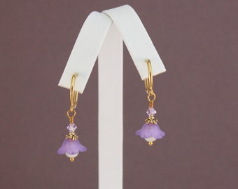Clip hoop earrings, purple Lucite flowers with Cream pearls and Violet AB, clip on earrings by EarthsOpulence