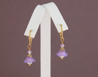 Purple Lucite Flower Clip On Hoop Earrings: Gold Plated Dangles