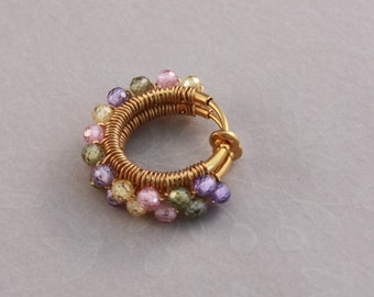 Clip on hoop earrings, wire wrapped multi colored Cubic Zirconia, clip hoop earrings by EarthsOpulence