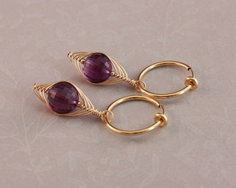 Clip hoop earrings, Amethyst and herringbone wrap, clip on earrings, purple and gold by EarthsOpulence