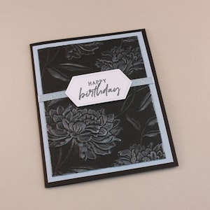 Handmade card, Happy Birthday, embossed flower black and light blue card, by EarthsOpulence
