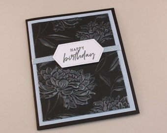 Handmade card, Happy Birthday, embossed flower black and light blue card, by EarthsOpulence