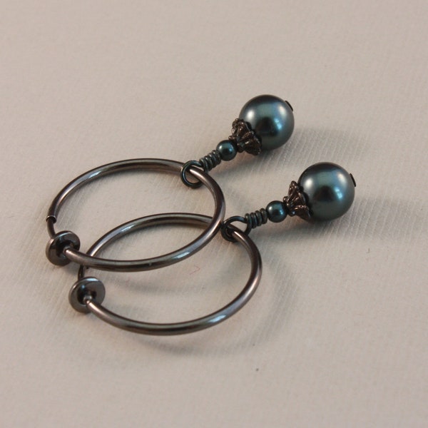 Clip on hoop earrings gunmetal and Tahitian with Black Oxide dark teal