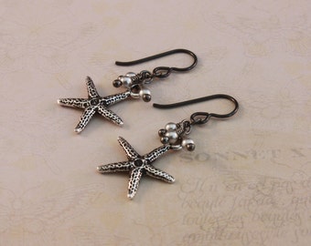 Niobium earrings black Niobium with Antique Silver starfish hypoallergenic