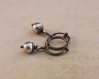 Clip hoop earrings, Light Grey and Silver night, gunmetal clip on earrings by EarthsOpulence