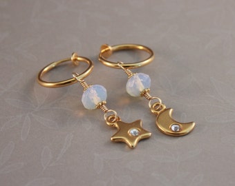 Clip on earrings : Milky Way - Star and Crescent Moon Opalite clip hoop earrings