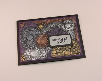 Handmade card, Thinking of You, embossed black and colorful wax card, by EarthsOpulence