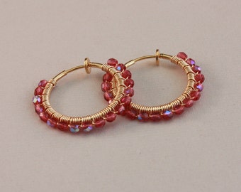 Clip on hoop earrings, wire wrapped Old Rose AB Czech glass, clip on earrings by EarthsOpulence