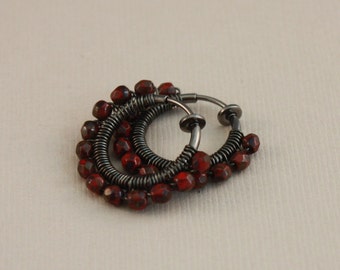 Clip hoop earrings Gunmetal wirewrapped Vintaj Arte Metal wire Red Picasso by EarthsOpulence