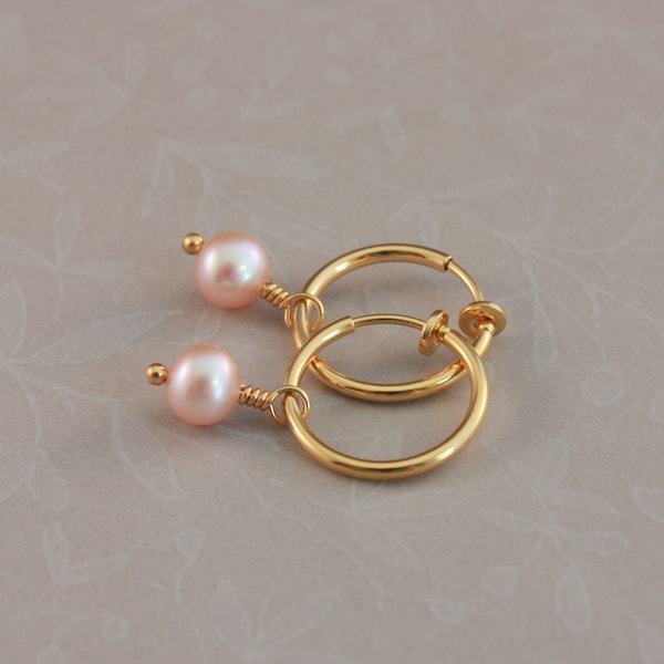 Clip on hoop earrings cultured freshwater pearls Pretty in Pink