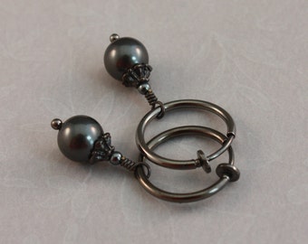 Clip hoop earrings, gunmetal with Black crystal pearls and Hematite, clip on earrings by EarthsOpulence