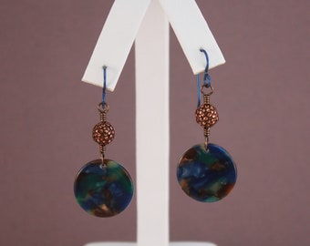 Niobium earrings, navy Niobium and Copper Floral beads with Acetate coin disks, non allergenic earrings by EarthsOpulence