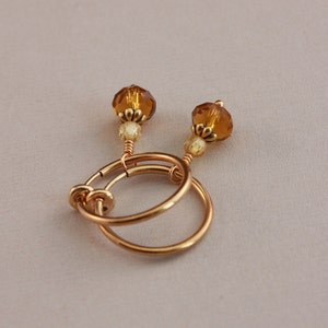 Golden Crystal Clip On Hoop Earrings: Petite Dangle Earrings