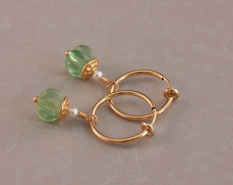 Clip on earrings, green Fluorite and hammertone bead caps, clip hoop earrings by EarthsOpulence