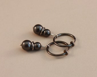 Clip hoop earrings, gunmetal with Black crystal pearls clip on earrings