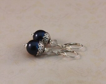 Sterling silver pierced earrings with Night Blue pearls and Silver shade by EarthsOpulence