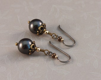 Niobium earrings Classic charcoal gray TierraCast Antique Brass and gold hypoallergenic