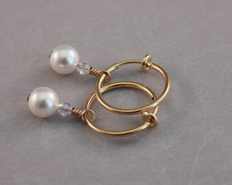 Clip hoop earrings, White crystal pearls and Crystal AB, clip on earrings by EarthsOpulence