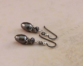 Niobium Earrings: Dark Gray Crystal Pearls, Sterling Silver, Non-Allergenic