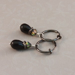 Mystic Black Pearl Clip On Earrings: Vitrail Crystal Gunmetal Hoops