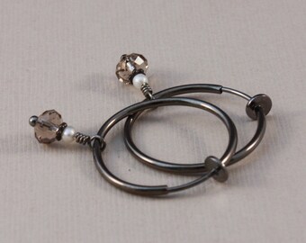 Clip hoop earrings, Gunmetal clip hoops Greige and tiny freshwater pearls by EarthsOpulence