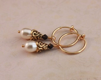 Clip hoop earrings, Classic cream and gold, clip on earrings by EarthsOpulence