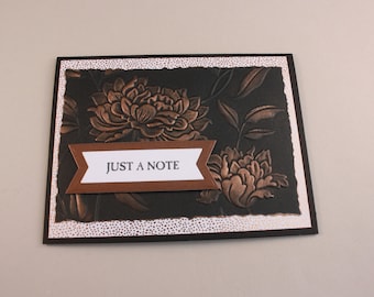 Handmade card, Just A Note, embossed black and copper card, by EarthsOpulence