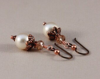 Niobium Earrings: Creamrose Pearl, Copper Autumn Medley