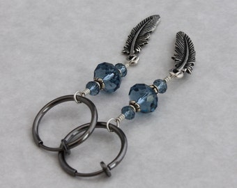 Gunmetal clip hoop earrings Denim Blue crystals and TierraCast feather charms