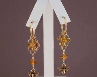 Honeybee clip on earrings with honeycomb and flowers by EarthsOpulence