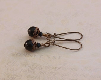 Vintaj natural brass earrings with Mystic Black pearls and Jet crystals by EarthsOpulence