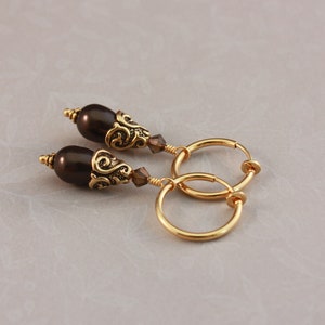 Brown Crystal Pearl Clip On Hoop Earrings: Antique Gold Dangles