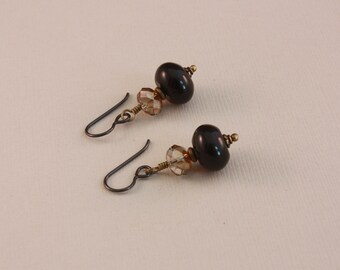 Black Onyx Niobium Earrings: Hypoallergenic Antique Brass Dangle
