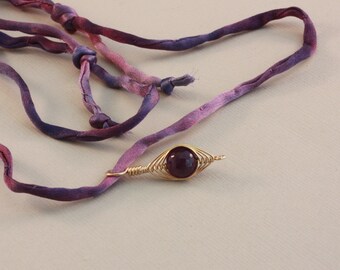 Amethyst pendant necklace, herringbone wrap, silk cord adjustable necklace by EarthsOpulence