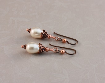 Dark Copper Niobium Earrings: Cream Crystal Pearls, Hypoallergenic