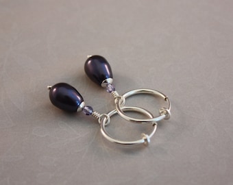Dark Purple Crystal Pearl Clip On Hoop Earrings